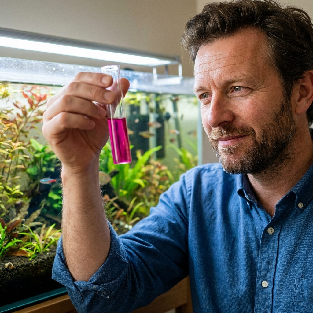 A hand holding a test vial with pink nitrate test solution in front of a freshwater aquarium