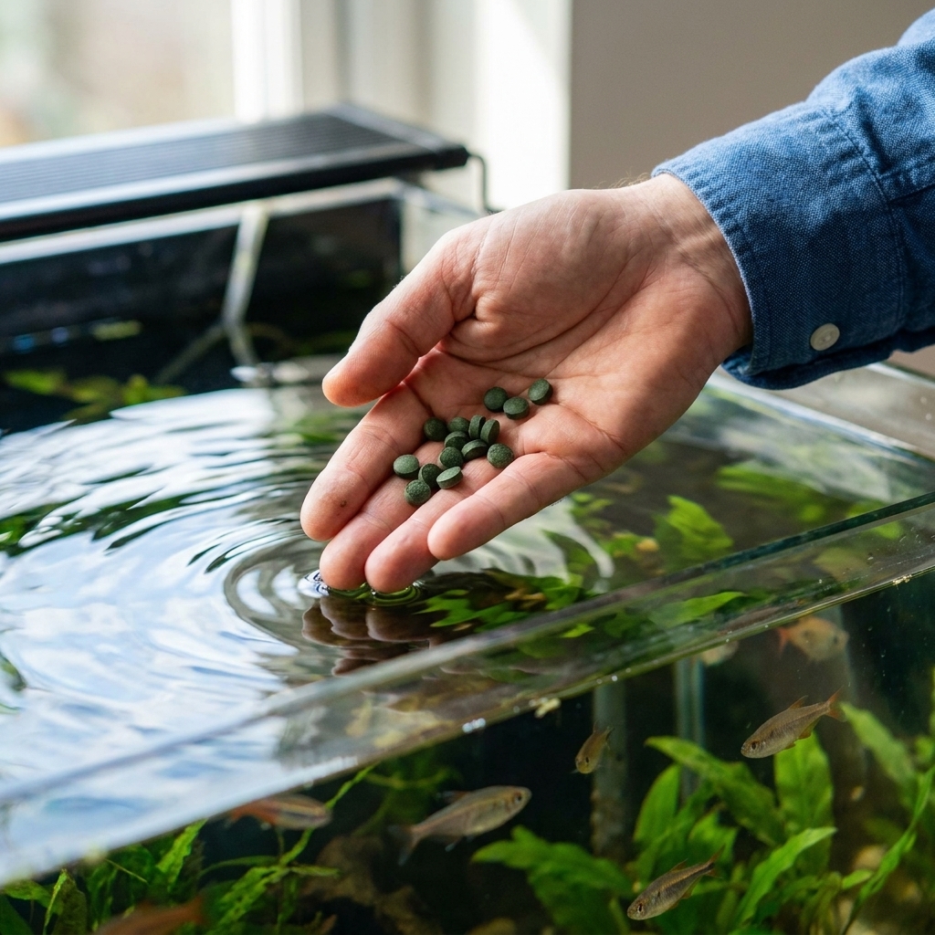 A hand holding green spirulina-based fish pellets above an aquarium water surface