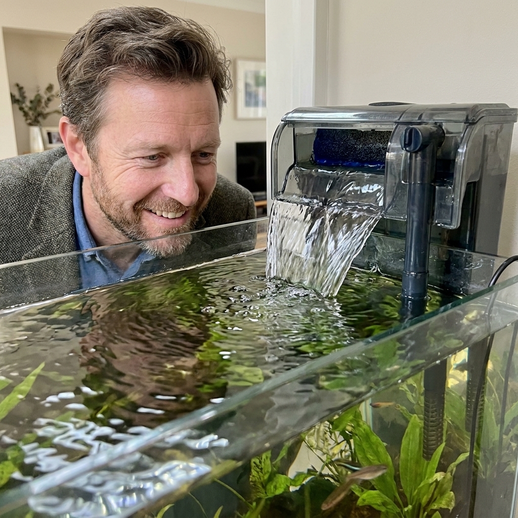 A hang-on-back aquarium filter returning water into a freshwater tank and creating visible ripples along the waterline