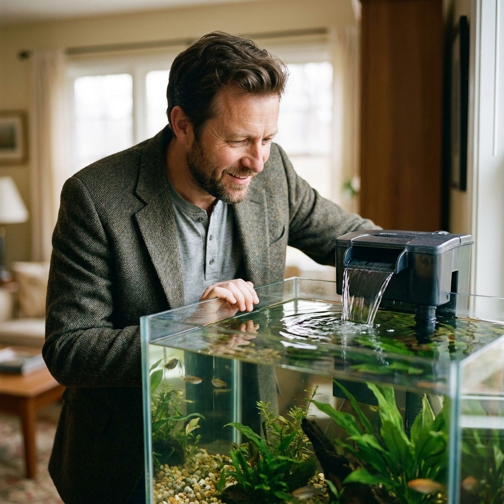 A hang-on-back filter mounted to the rim of a freshwater aquarium, with water flowing smoothly back into the tank