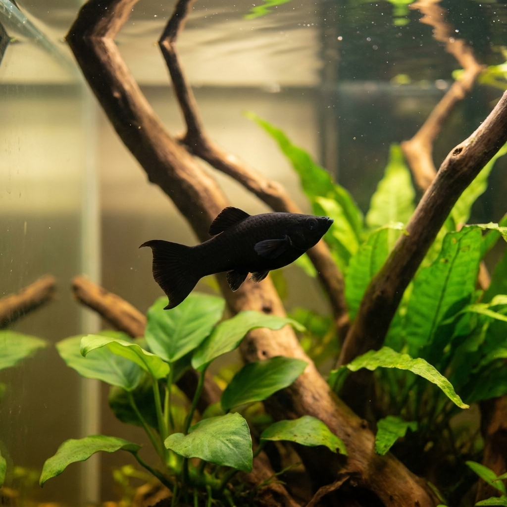 A healthy black molly cruising near the midwater of a freshwater aquarium with driftwood and broad-leaf aquatic plants