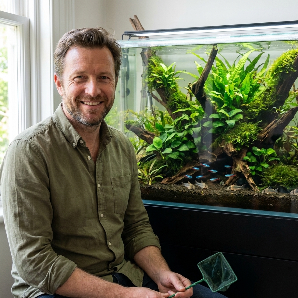 A heavily planted freshwater aquarium with driftwood and dark substrate, showing a stable, natural aquascape