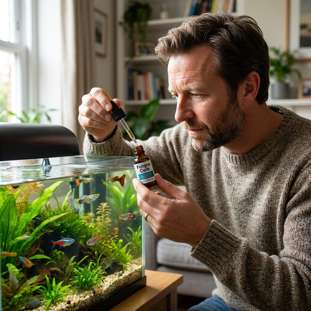 A hobbyist holding a small bottle of aquarium fish medication next to a freshwater tank, preparing to dose treatment