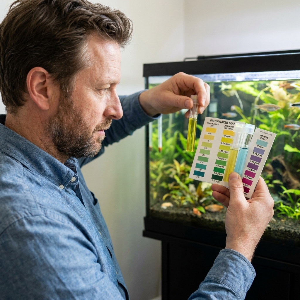 A hobbyist holding freshwater aquarium test tubes next to a tank, comparing colors for ammonia and nitrite