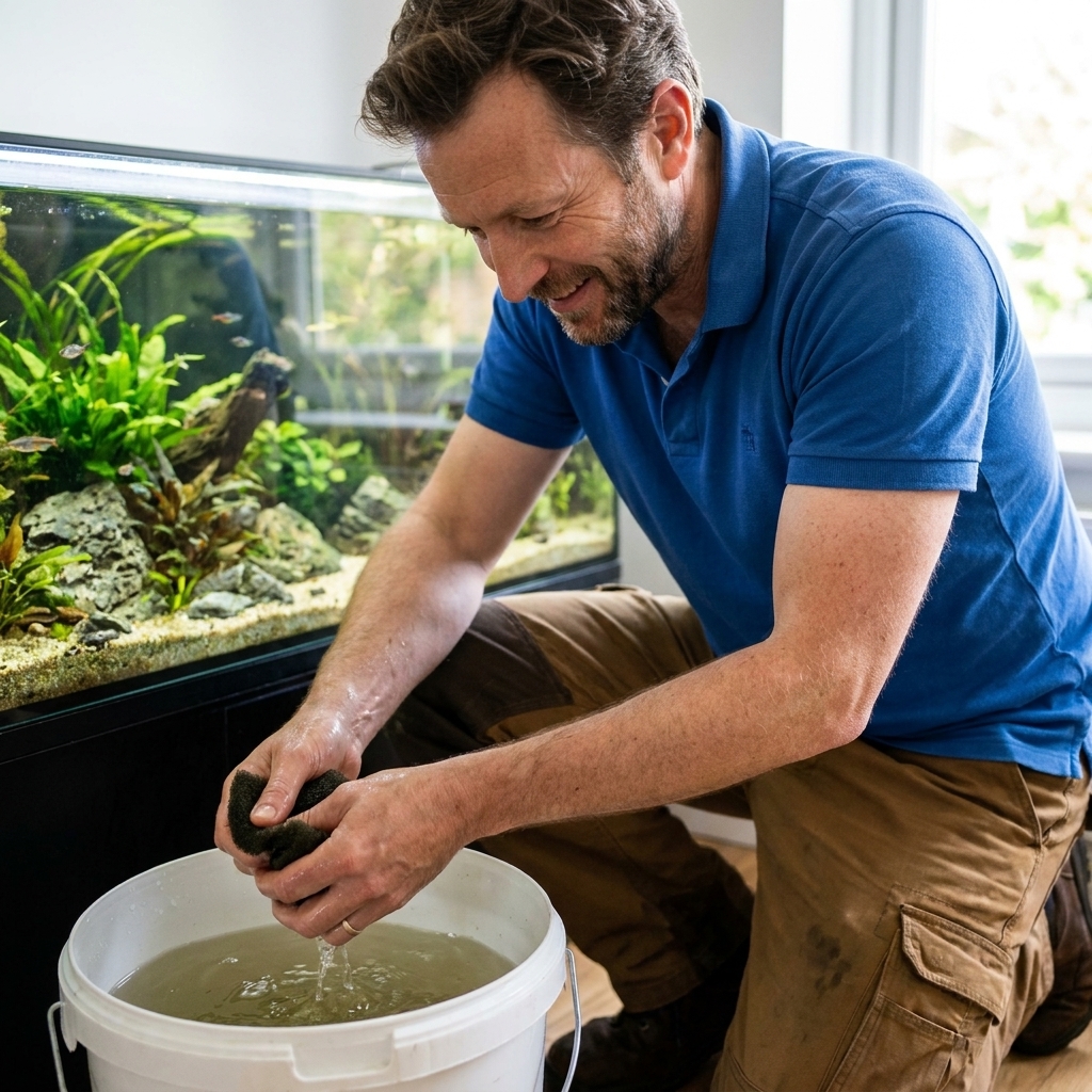 A hobbyist rinsing a sponge filter insert by gently squeezing it in a bucket of aquarium water next to a freshwater tank