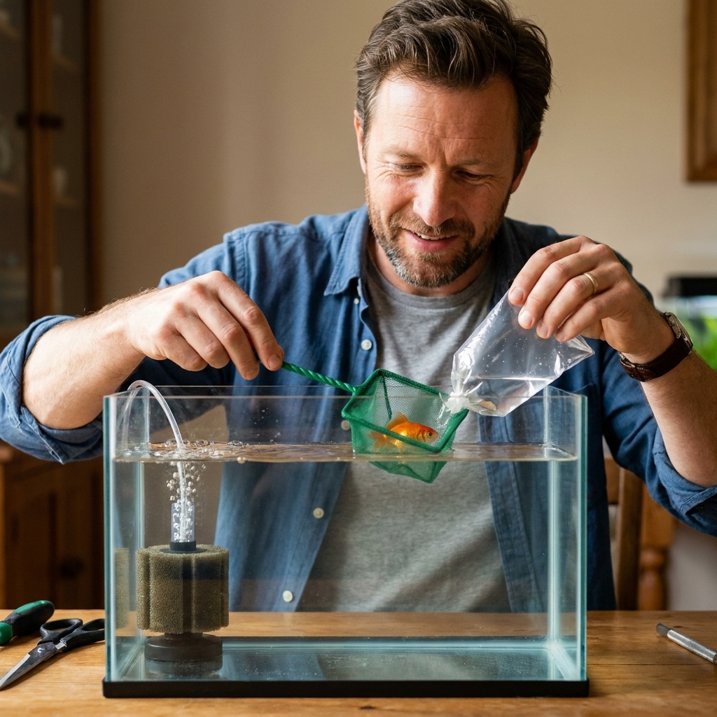 A hobbyist using a small aquarium net to transfer a freshwater fish from a bag into a bare-bottom quarantine tank with a sponge filter