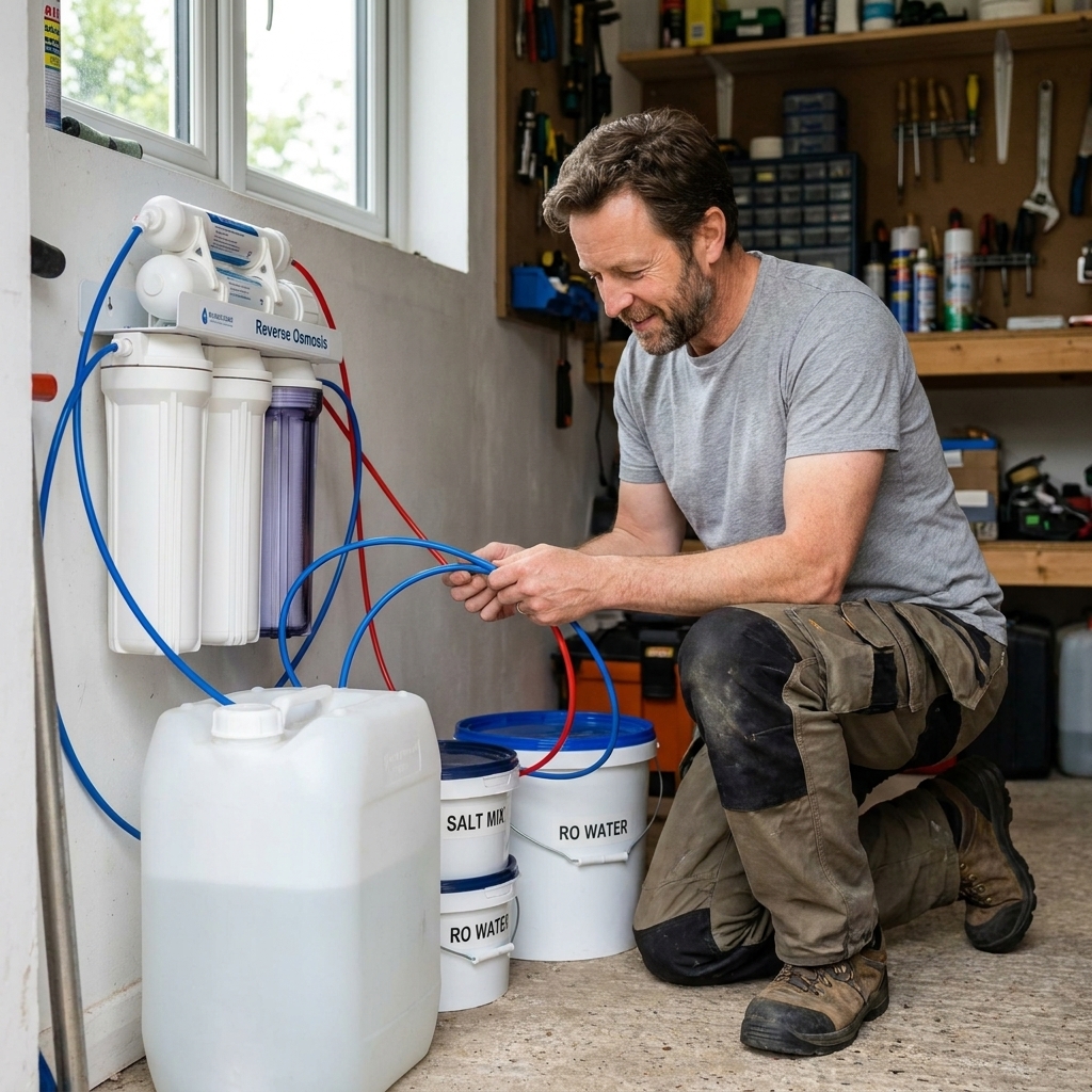 A home reverse osmosis unit used for aquarium water, with tubing running to a storage container and buckets for mixing water changes