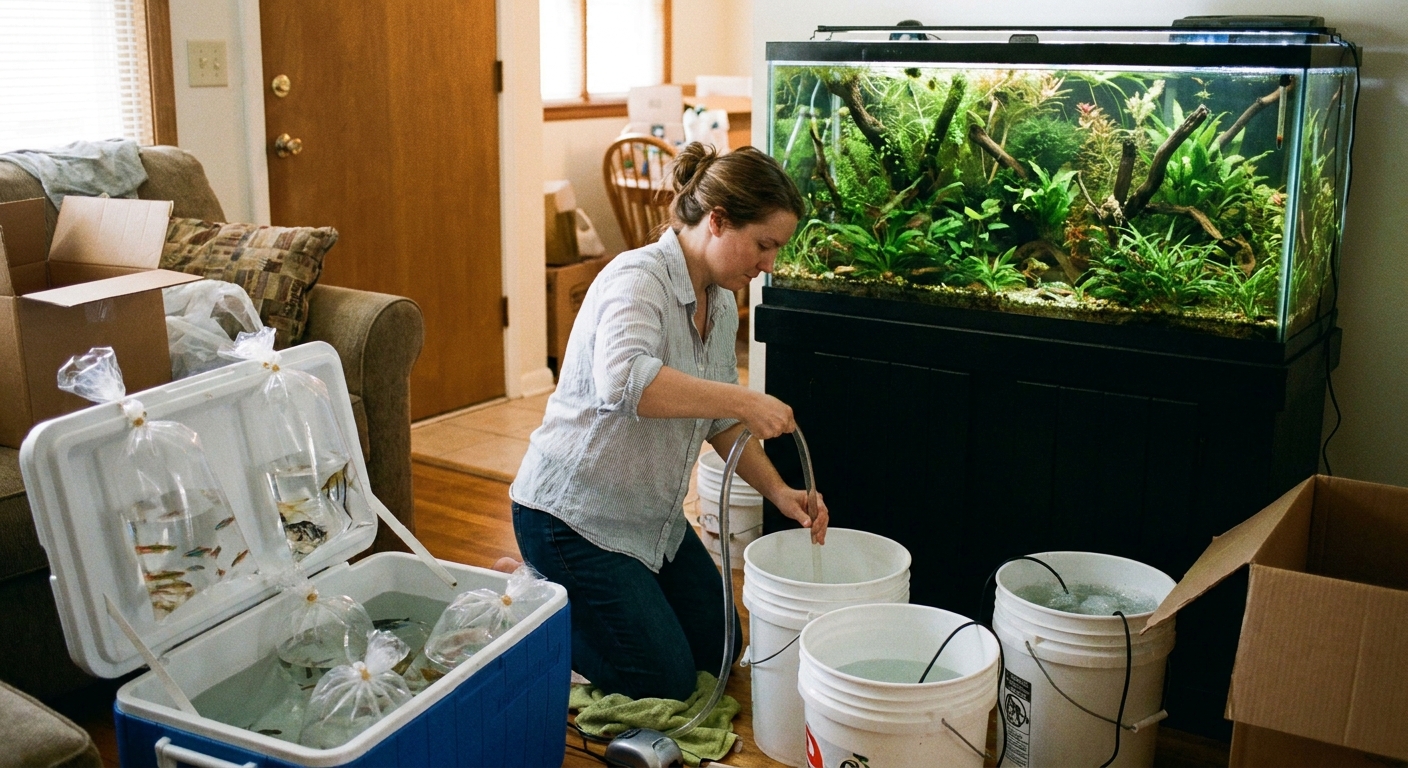 A homeowner packing an established freshwater aquarium with buckets, air pumps, and fish bags beside a planted glass tank in a living room