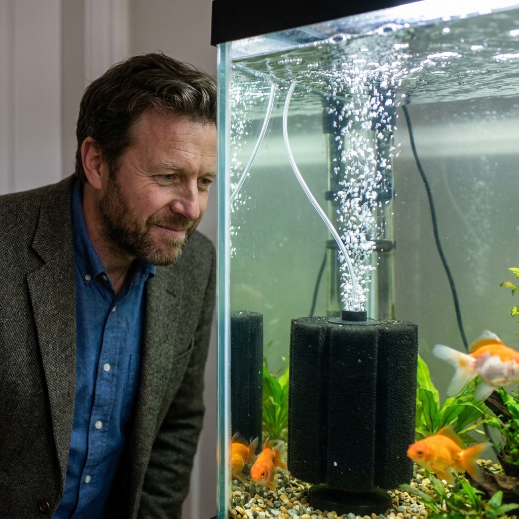 A large black sponge filter bubbling in a goldfish aquarium with an air line and gentle surface agitation