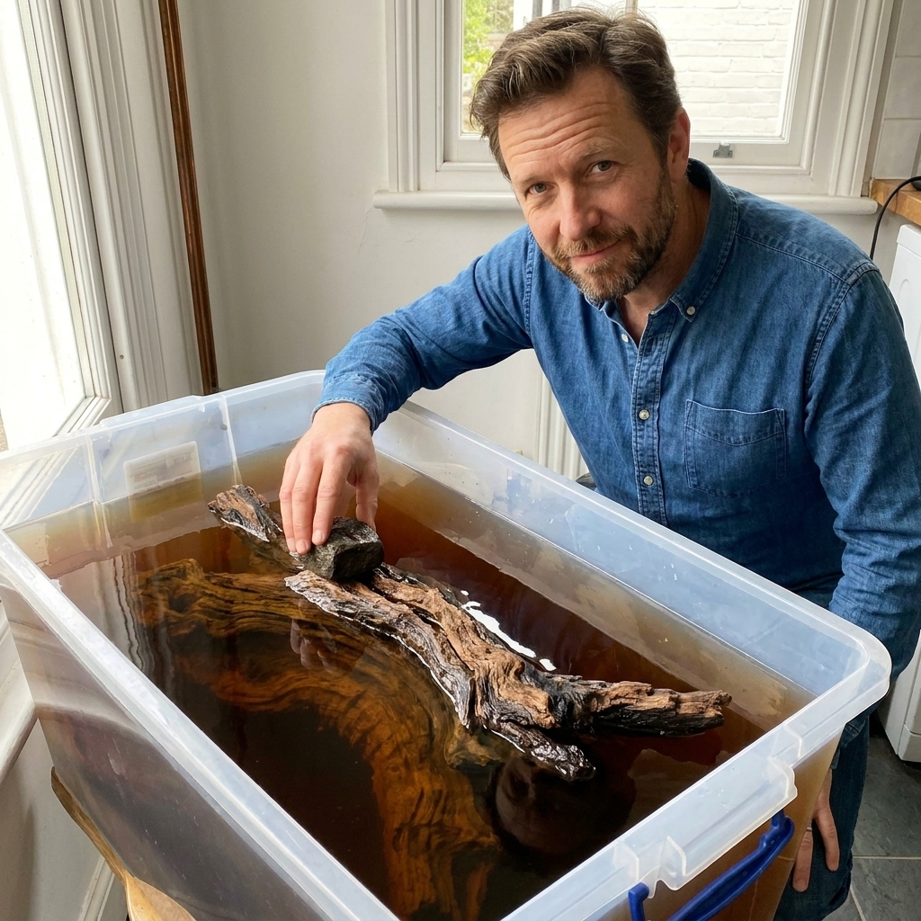 A large piece of Mopani driftwood soaking in a clean plastic tub filled with dark tannin-stained water, with a small weight holding the wood submerged