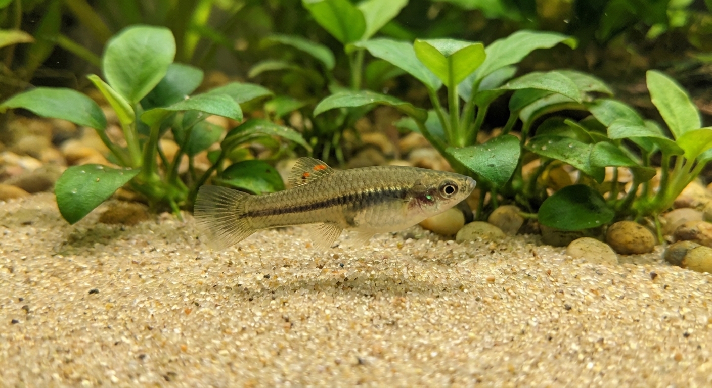 A least killifish swimming above a sandy substrate with small leafy plants in the background, showing its subtle coloration