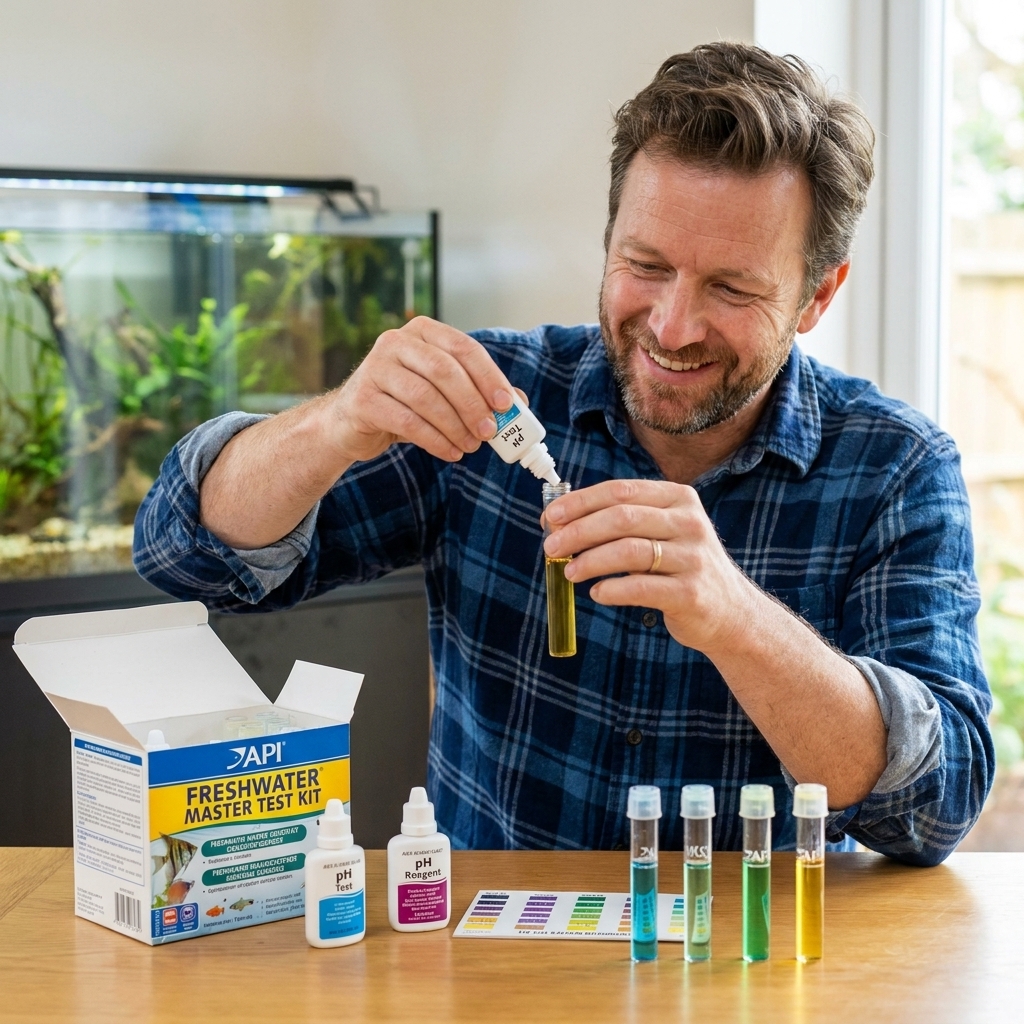 A liquid freshwater aquarium test kit open on a table with reagent bottles and glass vials filled with aquarium water