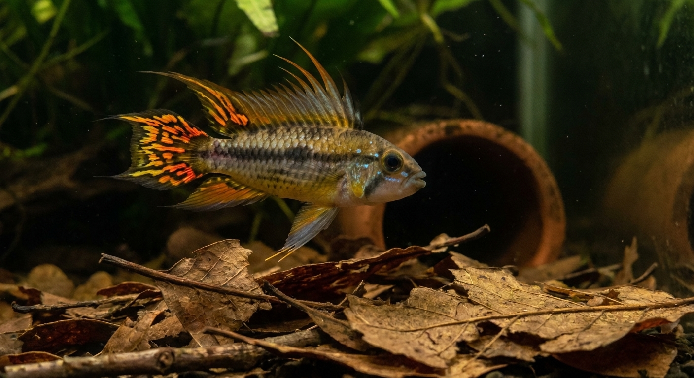 A male Apistogramma with extended dorsal fin rays and orange markings hovering above leaf litter beside a small cave