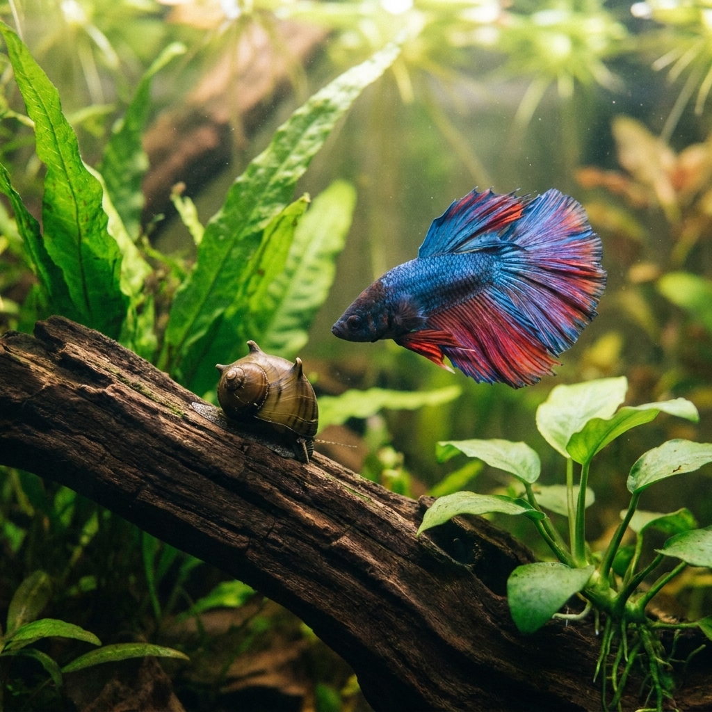 A male betta fish gliding past a nerite snail on driftwood in a planted freshwater aquarium