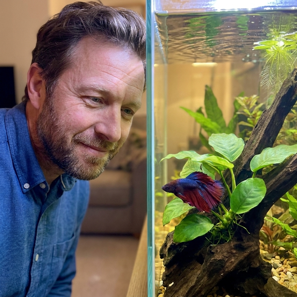 A male betta resting near broad anubias leaves attached to driftwood in a warm, low-flow freshwater tank