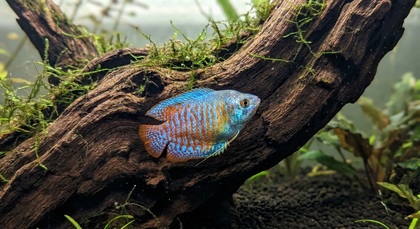 A male dwarf gourami with bright blue and orange striping swimming in front of a dark piece of driftwood