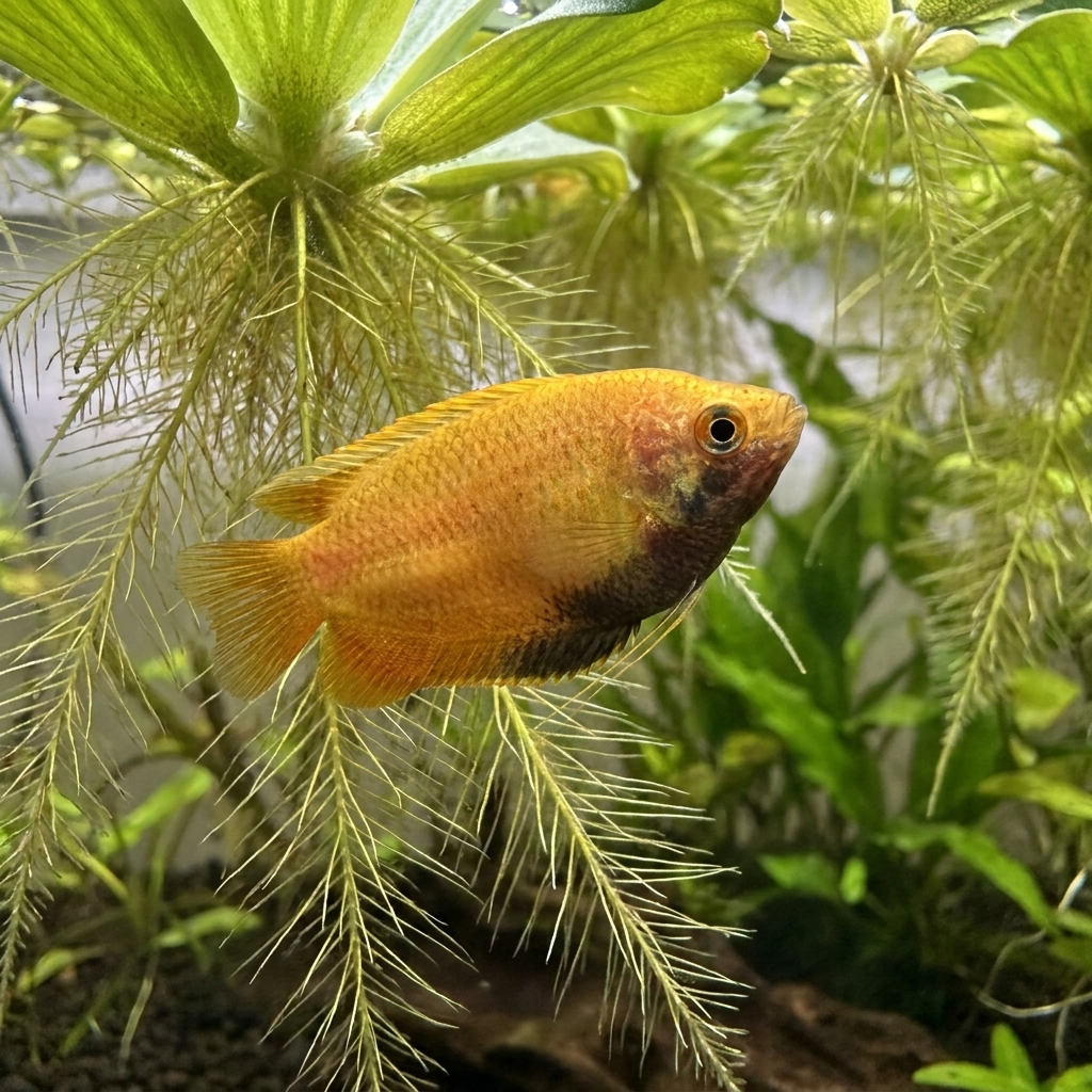 A male honey gourami displaying a golden body and dark throat patch while swimming near floating plant roots