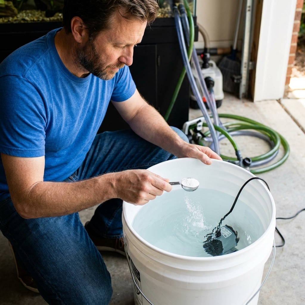 A measuring spoon adding powdered remineralizer into a bucket of RO water with a small pump circulating the water for an aquarium water change