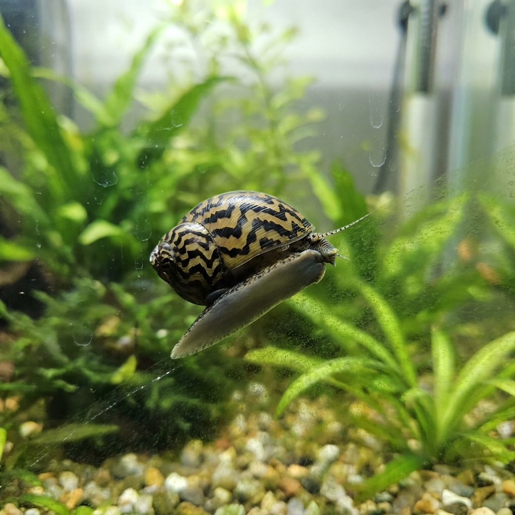 A nerite snail grazing on green film algae on the inside glass of a freshwater aquarium