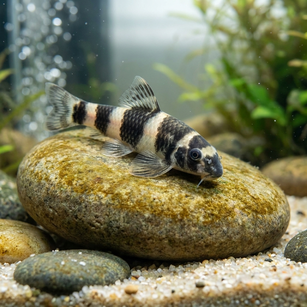 A panda garra perched on a smooth stone in a freshwater aquarium, grazing on a thin layer of biofilm