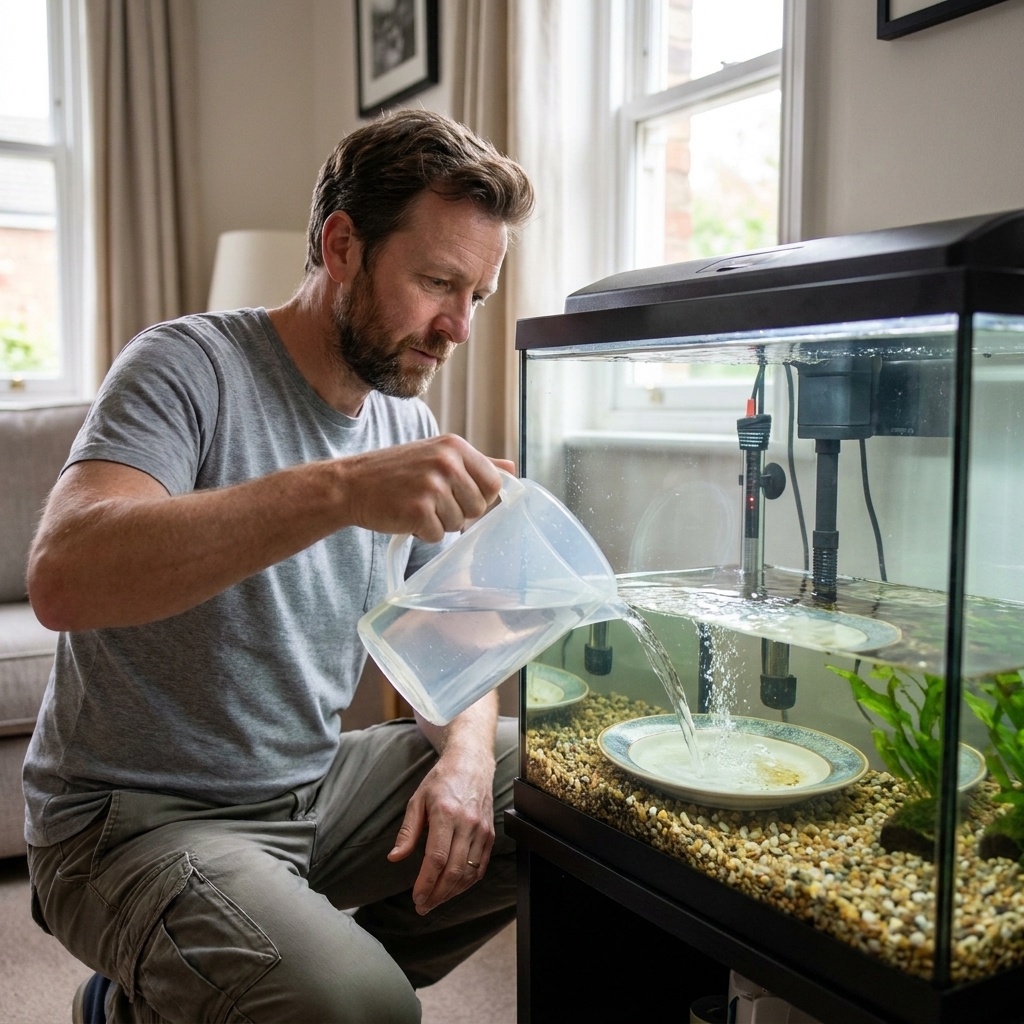 A person filling a freshwater aquarium by pouring conditioned water onto a plate sitting on the substrate to prevent disturbance