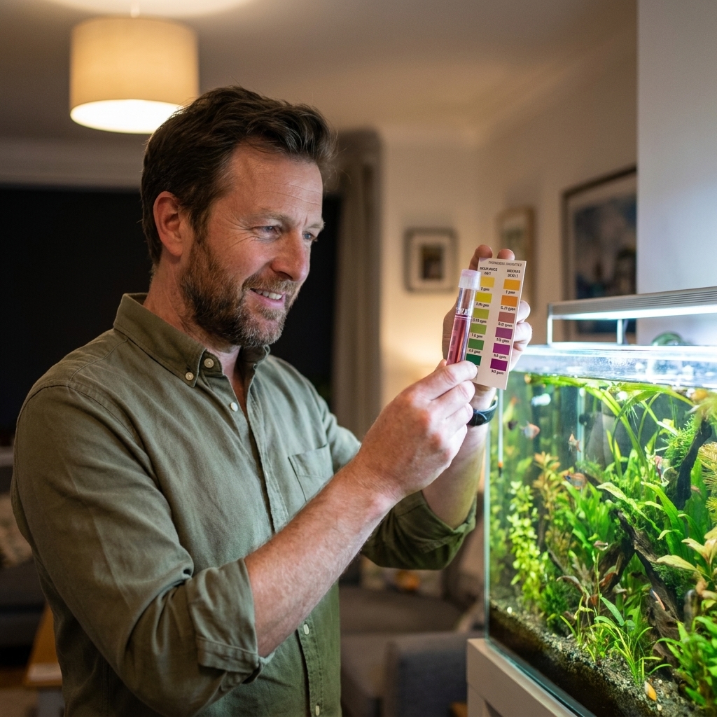 A person holding a liquid aquarium test tube next to a freshwater tank, checking nitrate results under indoor lighting