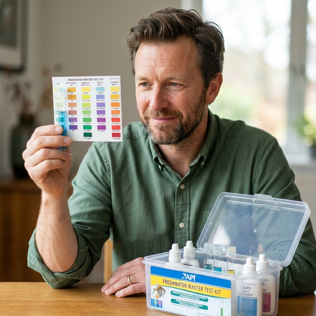 A person holding a liquid freshwater aquarium test tube with colored water next to a common liquid test kit on a table