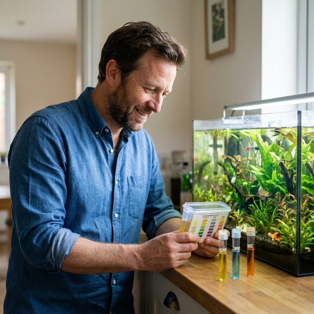 A person holding a liquid freshwater test kit with test tubes showing different water colors on a countertop next to an aquarium