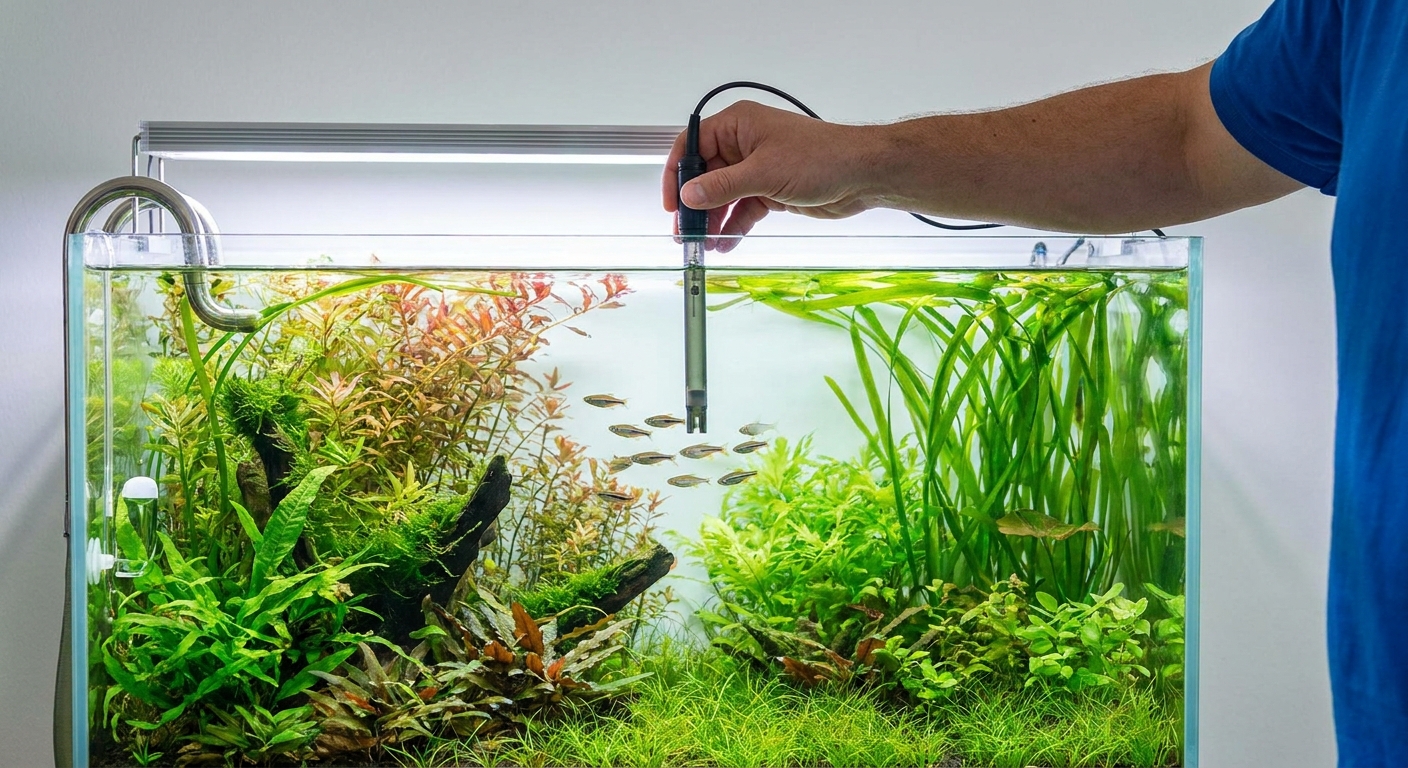 A person moving a dissolved oxygen probe to different areas of a freshwater planted aquarium, including near plants and near the filter outflow