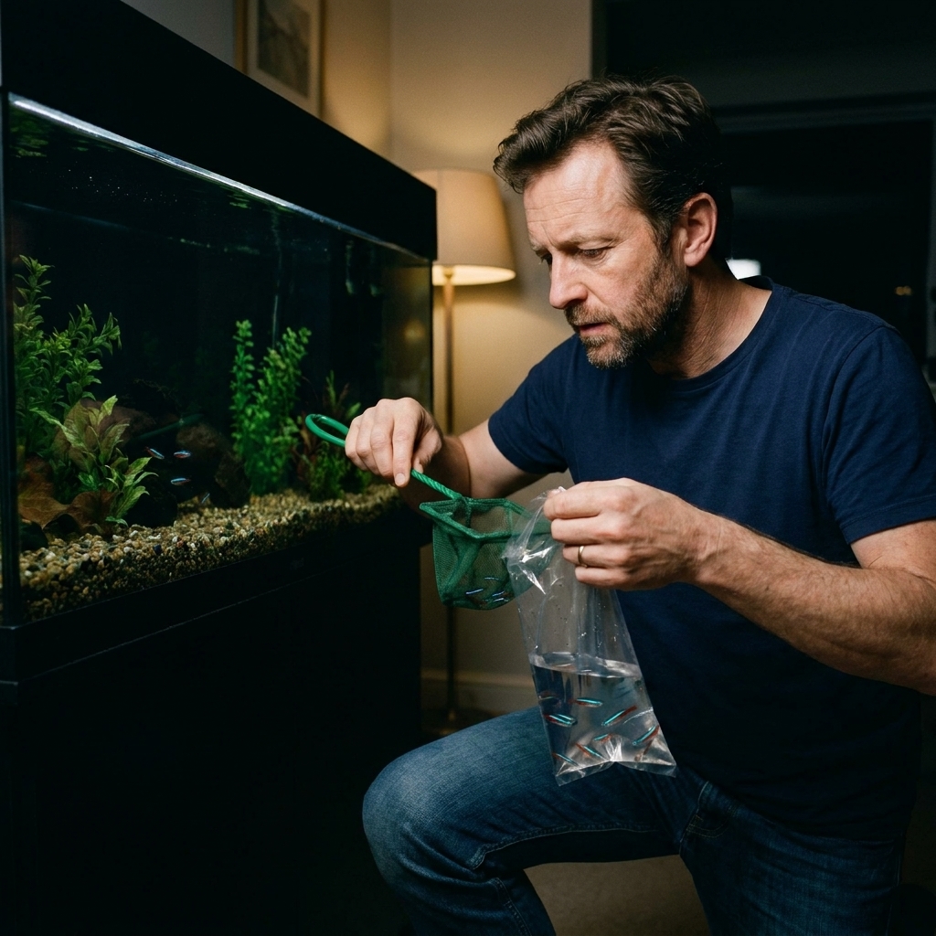 A person moving new freshwater fish from a bag into an aquarium using a net while the tank lights are off