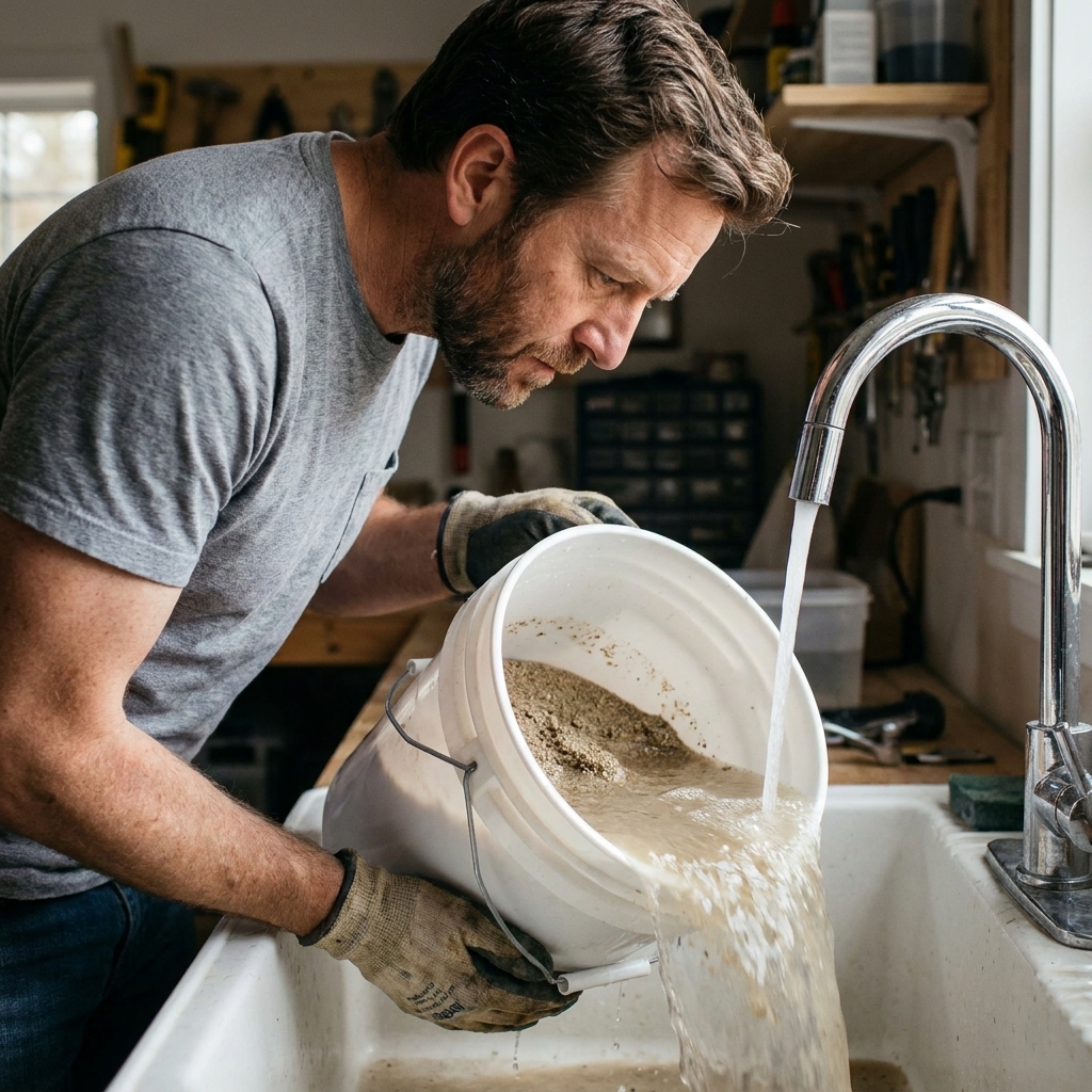 A person rinsing aquarium sand in a clean bucket under a running faucet, with cloudy water being poured off carefully