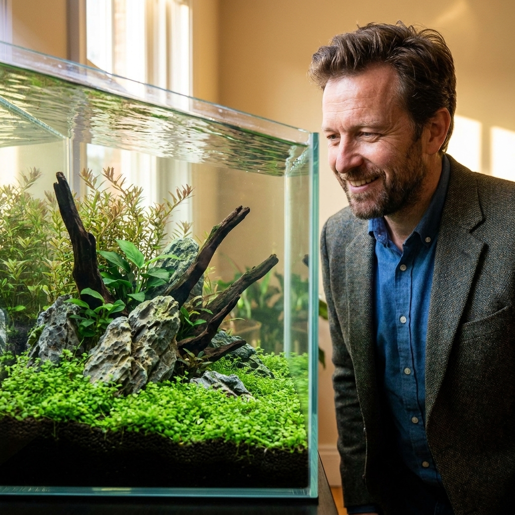 A photograph of a freshwater aquascape with dark active aqua soil and a dense carpet of small green plants spreading across the foreground, with stones and driftwood in the middle ground