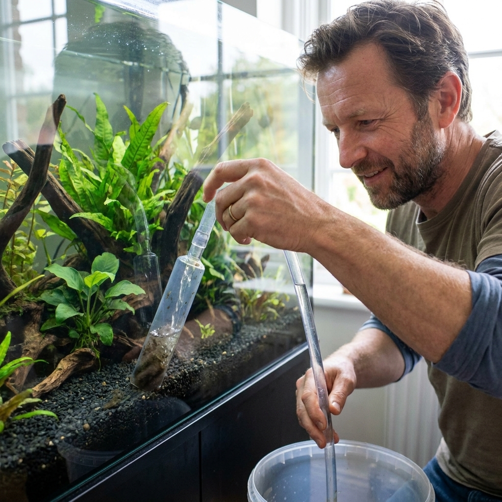 A photograph of a siphon tube cleaning debris from dark aquarium gravel during a water change, with plants and driftwood visible behind
