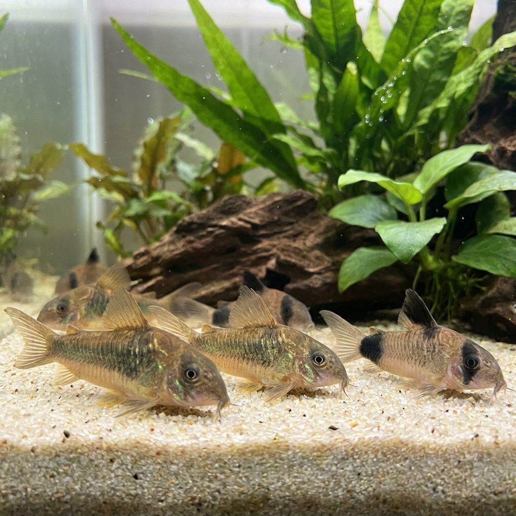 A photograph of several corydoras catfish resting and foraging on a light sand substrate in a freshwater aquarium with plants in the background