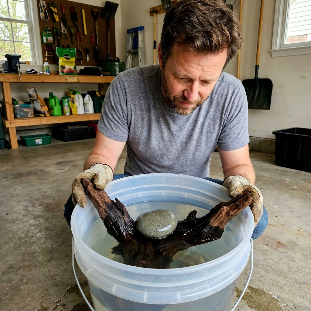 A piece of aquarium driftwood soaking in a large plastic bucket filled with water in a garage, with the wood held down by a clean rock