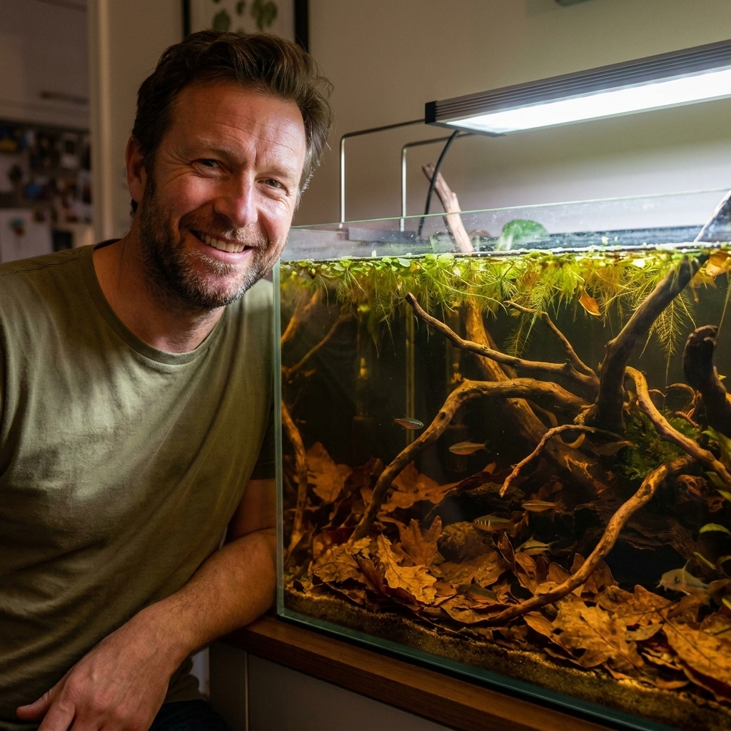 A planted blackwater aquarium with driftwood branches, floating plants at the surface, and a thick layer of leaf litter creating shaded hiding areas