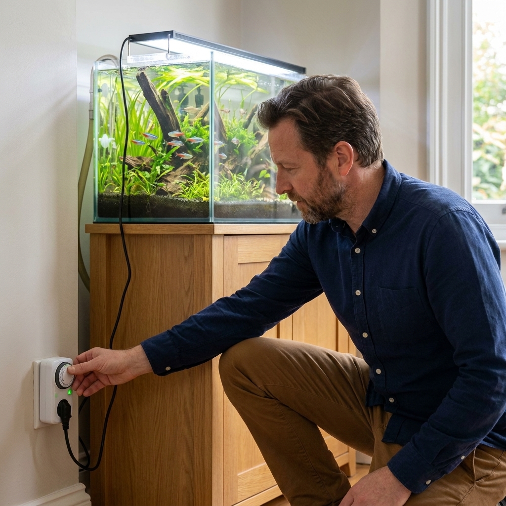 A plug-in outlet timer controlling an aquarium light, with a freshwater tank illuminated on a consistent schedule