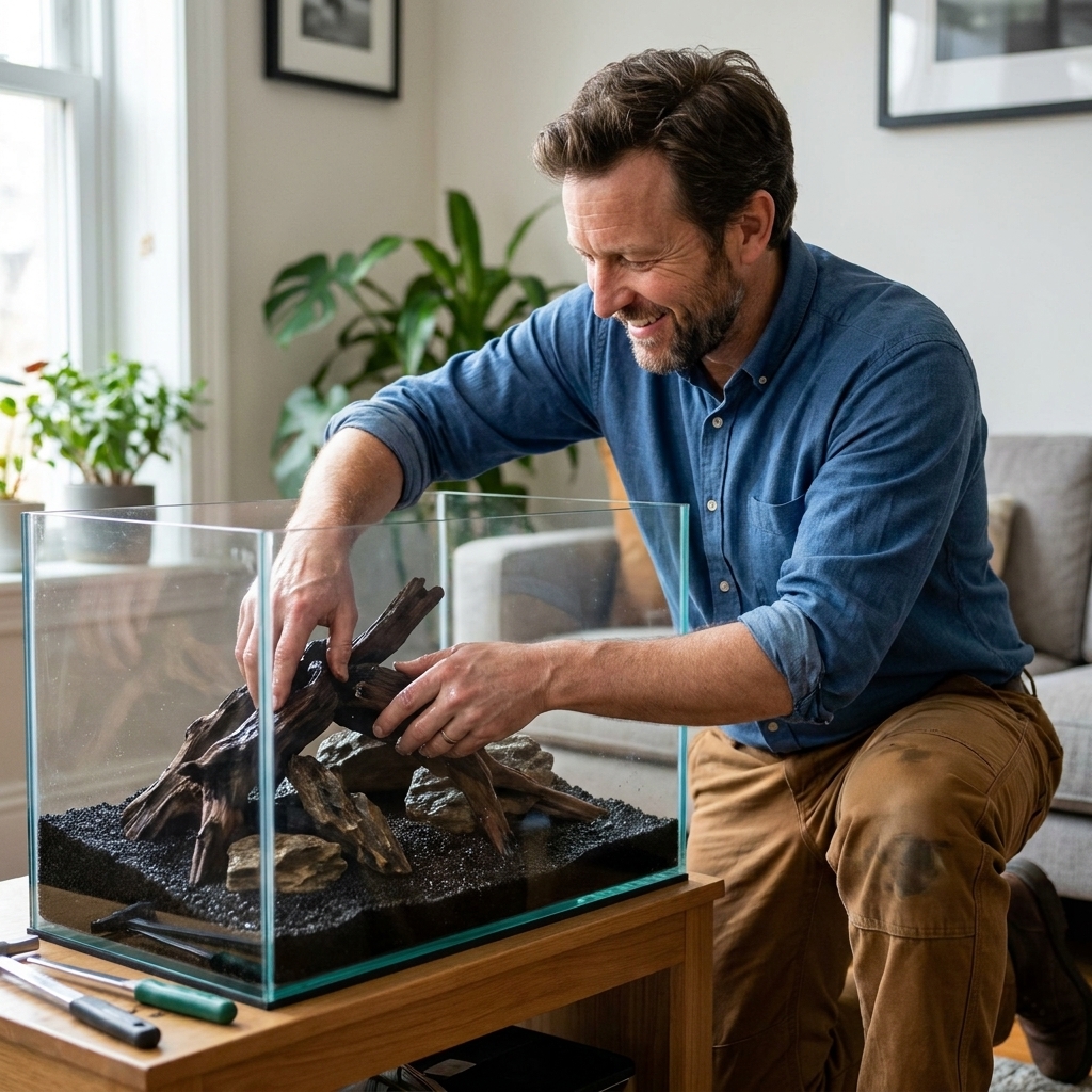 A real 20-gallon freshwater aquarium being aquascaped with dark substrate, stones, and driftwood arranged to form caves and open swimming space