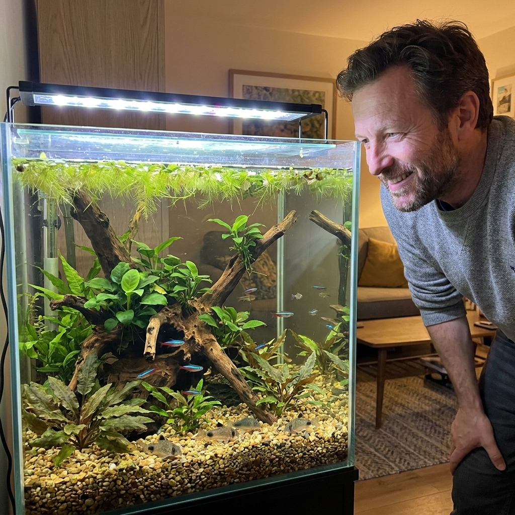 A real 20-gallon freshwater aquarium with beginner plants like anubias on driftwood, cryptocoryne in the substrate, and floating plants at the water surface