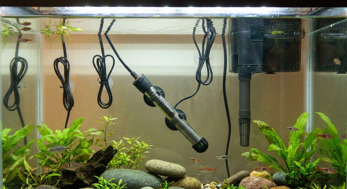 A real freshwater aquarium interior showing an adjustable submersible heater mounted on the glass near the filter outflow, with cords arranged in neat drip loops