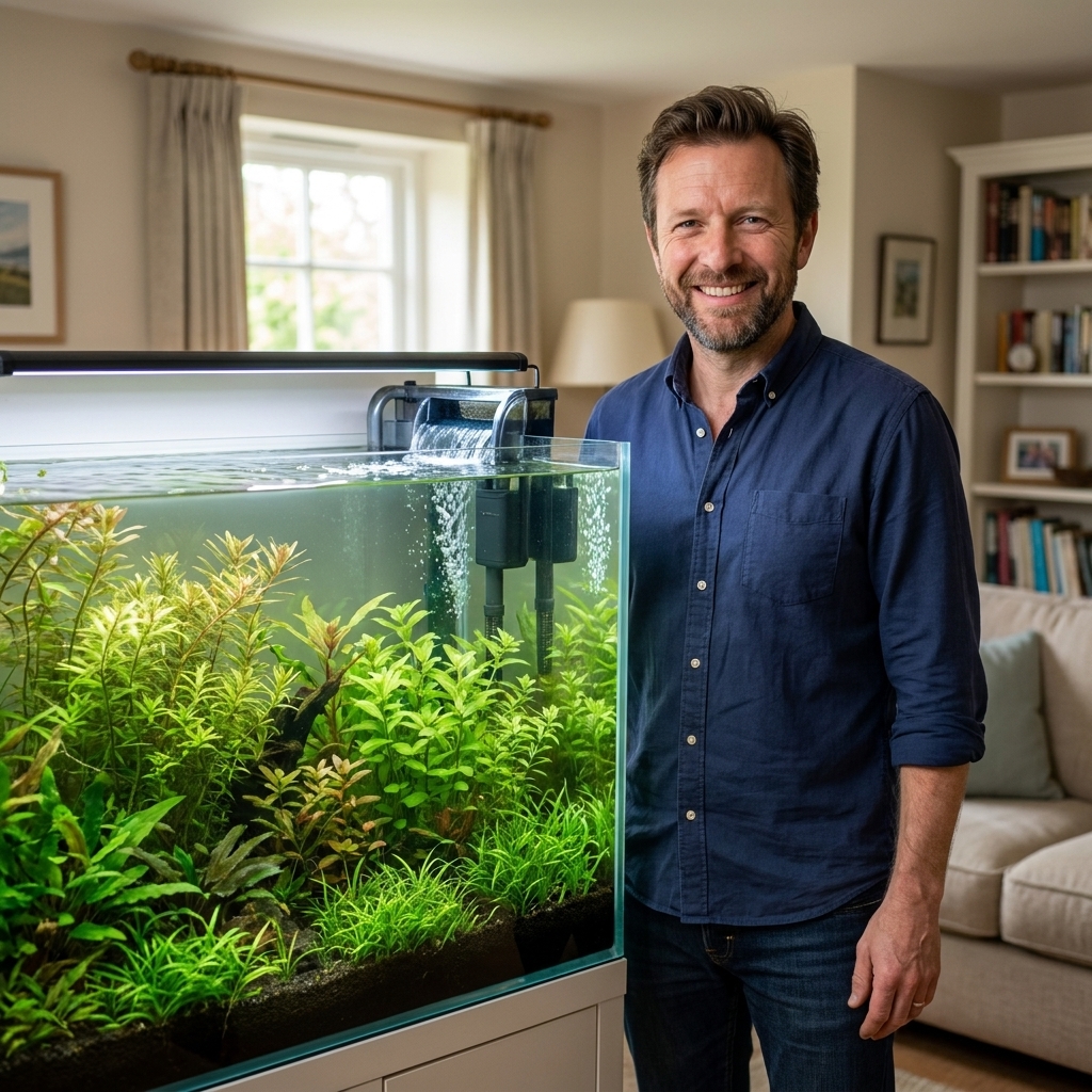 A real planted freshwater aquarium with healthy green stem plants and a running hang-on-back filter, photographed in a living room