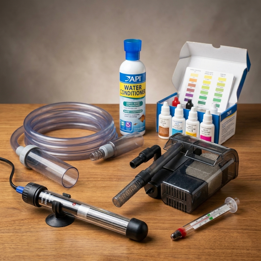A real tabletop photo of freshwater aquarium supplies including a heater, hang-on-back filter, thermometer, water conditioner, siphon, and a liquid water test kit