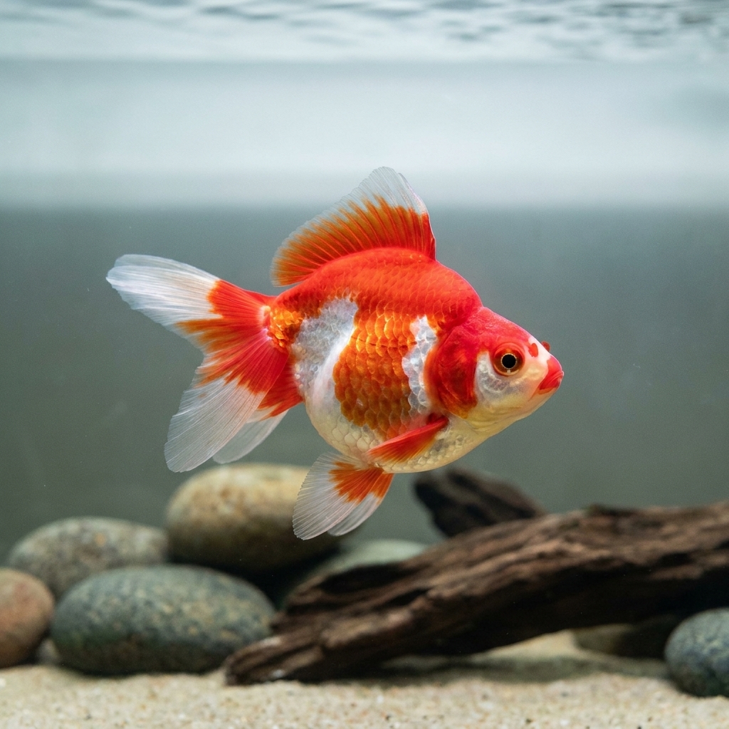 A red and white ryukin goldfish with a high shoulder hump swimming in a spacious aquarium with open water and minimal decorations