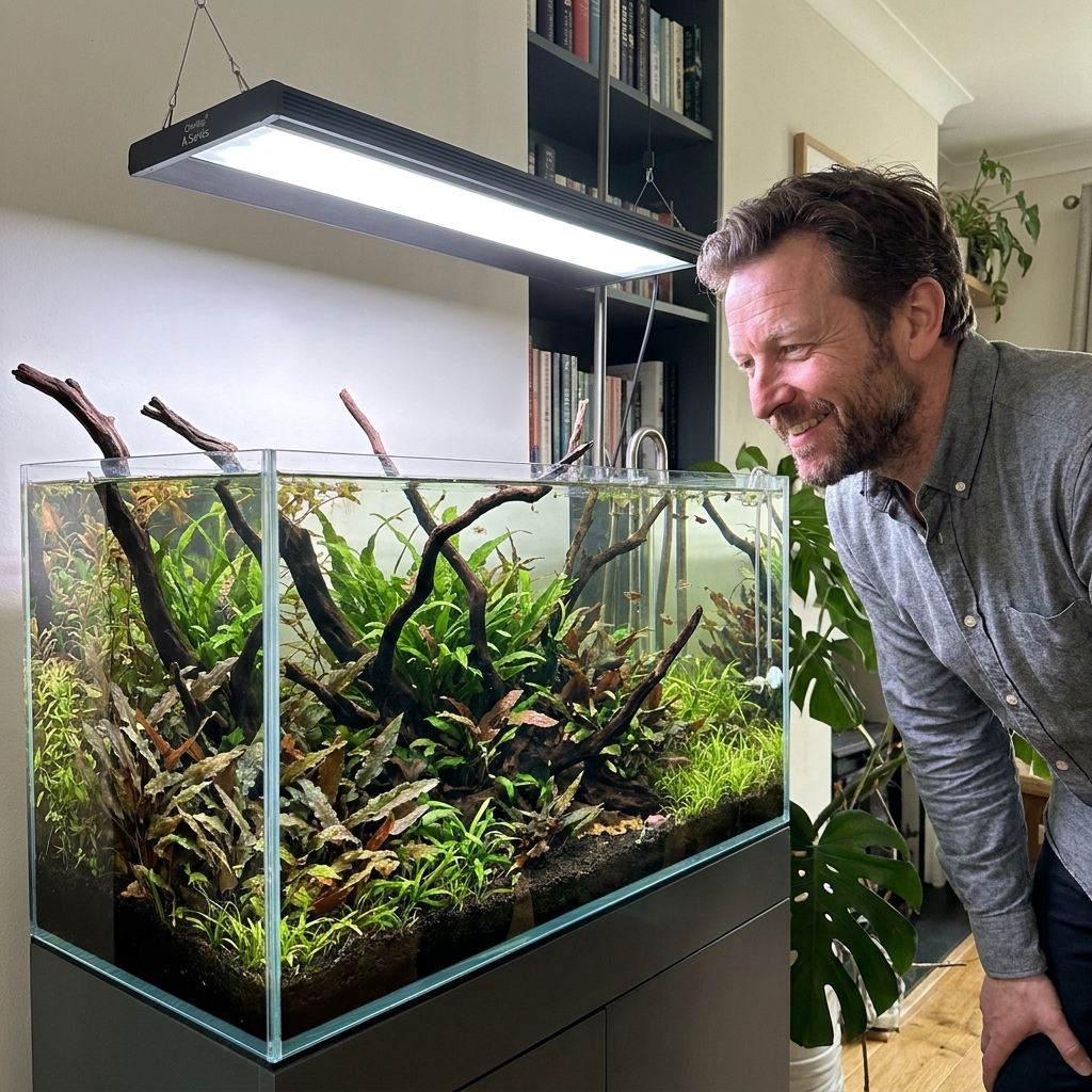 A rimless aquascaped freshwater tank with driftwood and lush crypts illuminated by a Chihiros A Series LED light suspended slightly above the aquarium