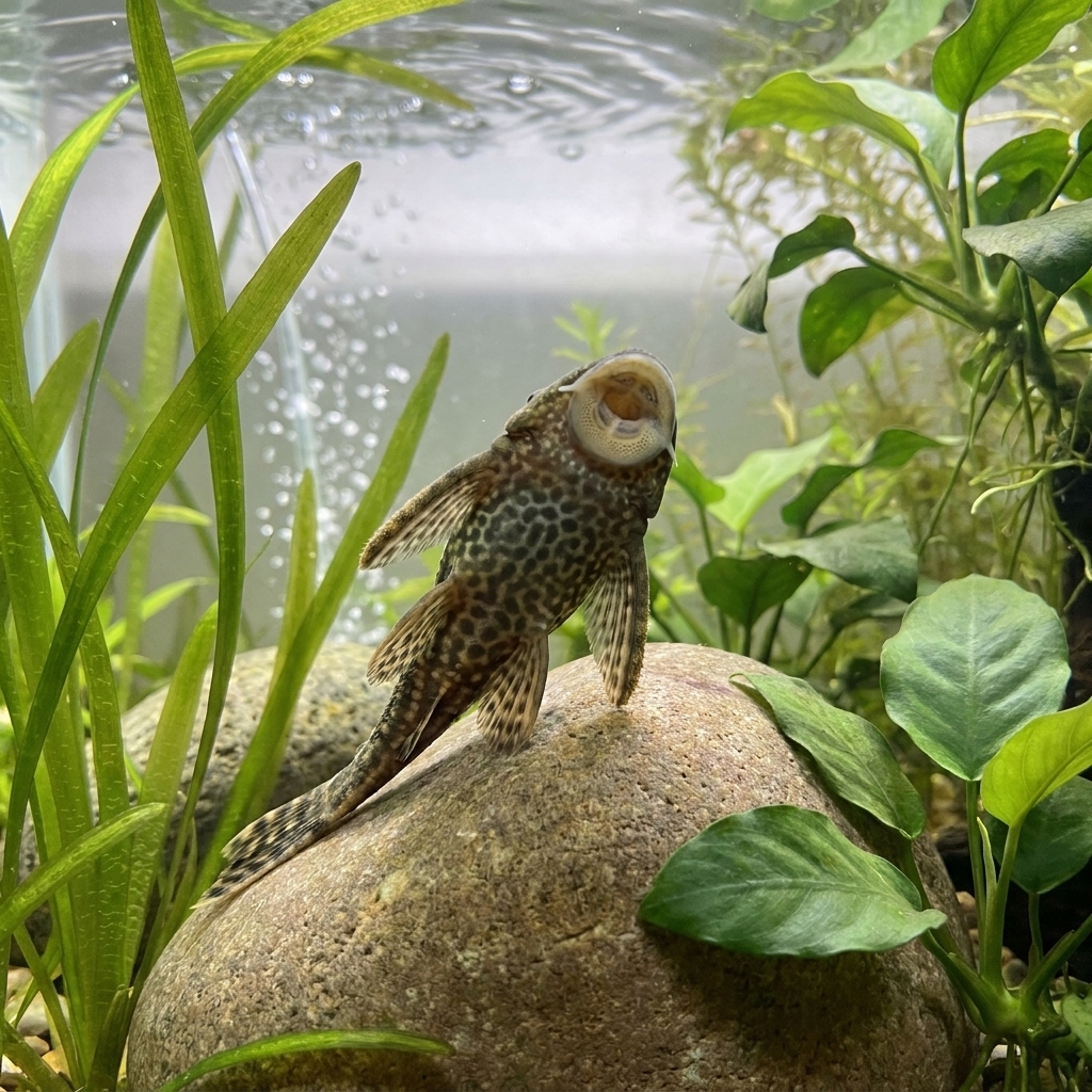 A rubber lip pleco resting on a rounded river stone in a clear freshwater aquarium with gentle current and green plants