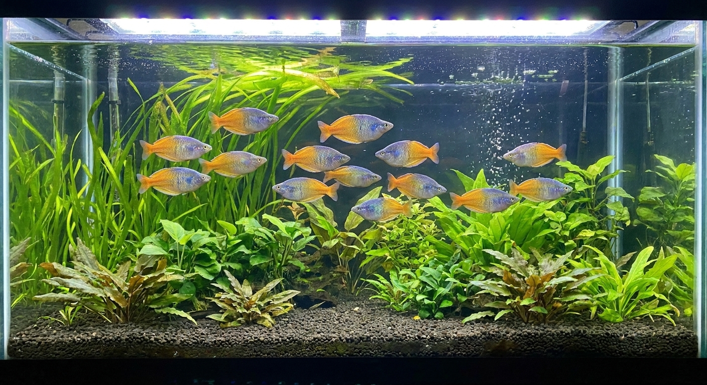 A school of Boesemani rainbowfish swimming in open water in a well-lit freshwater aquarium with green plants in the background