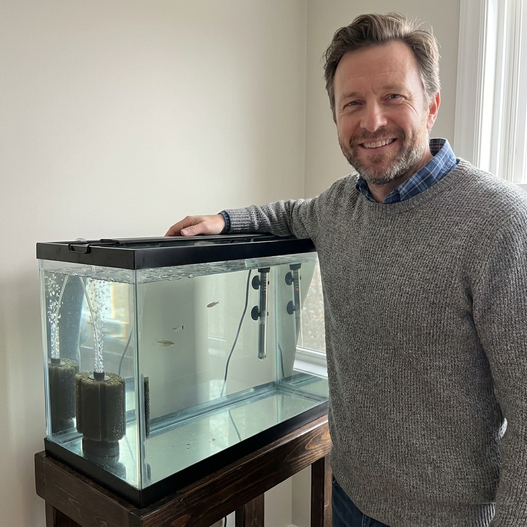 A simple freshwater quarantine tank with a sponge filter, heater, and bare bottom setup on a stand