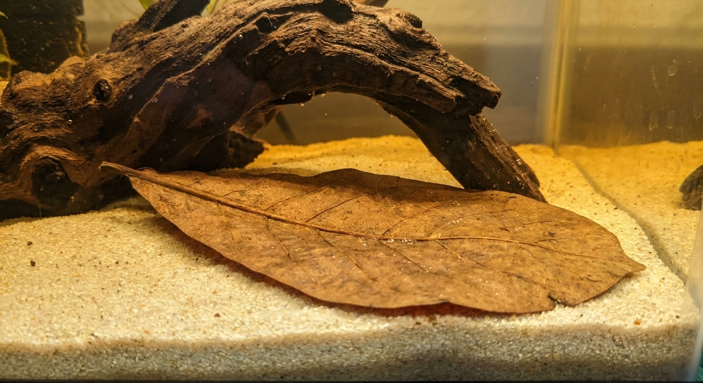 A single Indian almond leaf resting on aquarium sand under driftwood, with a light amber tint to the surrounding water
