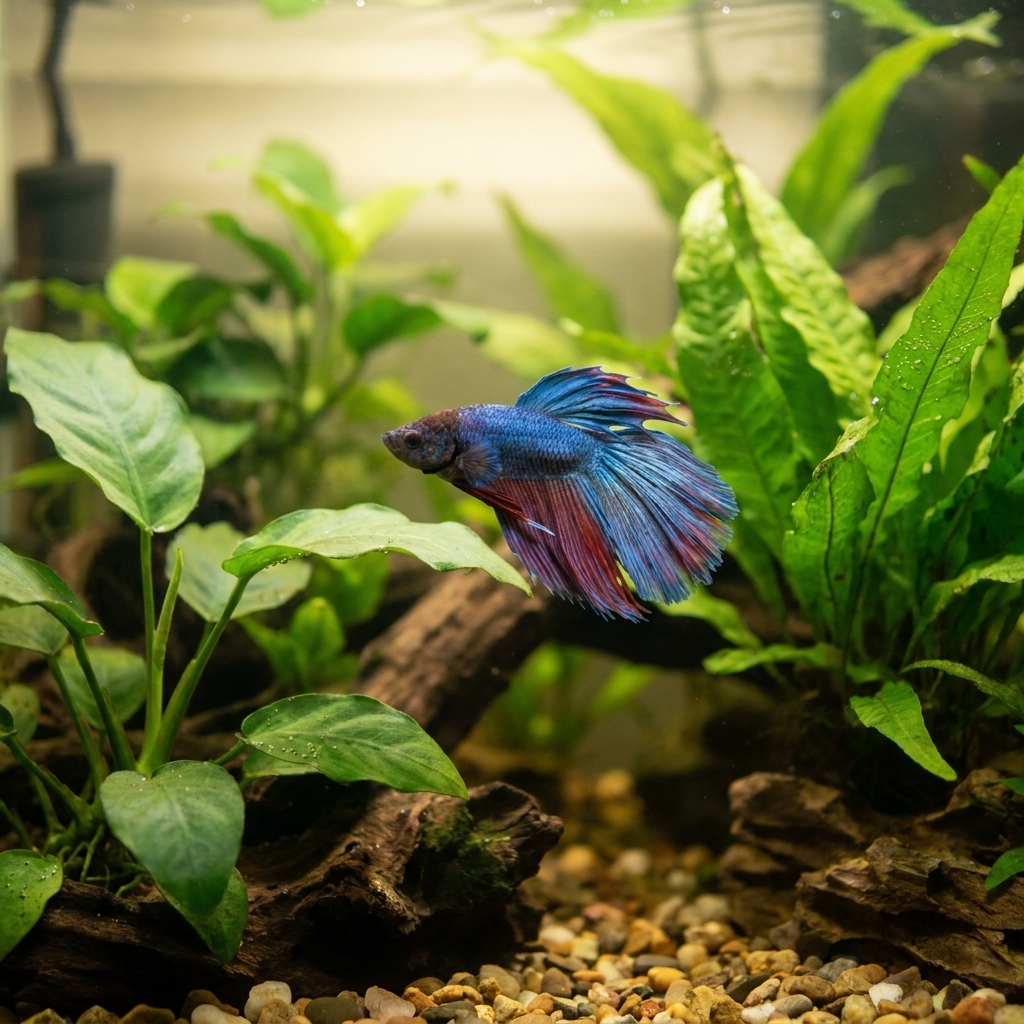 A single male betta with flowing fins swimming slowly through a lush planted 5-gallon tank with broad-leaf plants