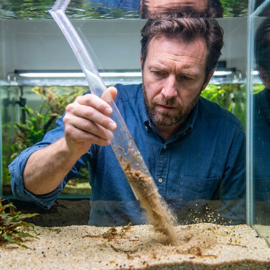 A siphon tube hovering just above aquarium sand while brown detritus lifts into the tube and the sand settles back down